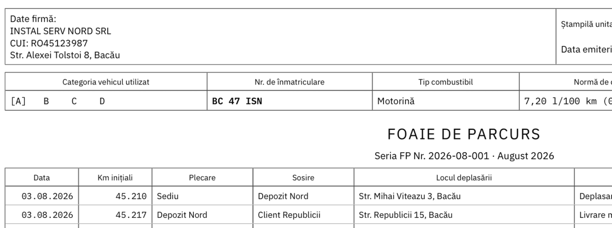 Antetul foii de parcurs generate: datele firmei, categoria vehiculului, numărul de înmatriculare, tipul de combustibil, norma de consum și conducătorul auto.